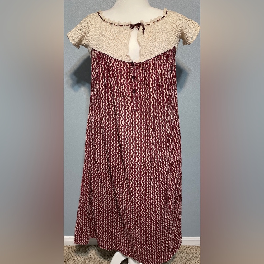 Boho Crochet Yoke Maxi Dress Red Cream Babydoll Festival Cottagecore Medium